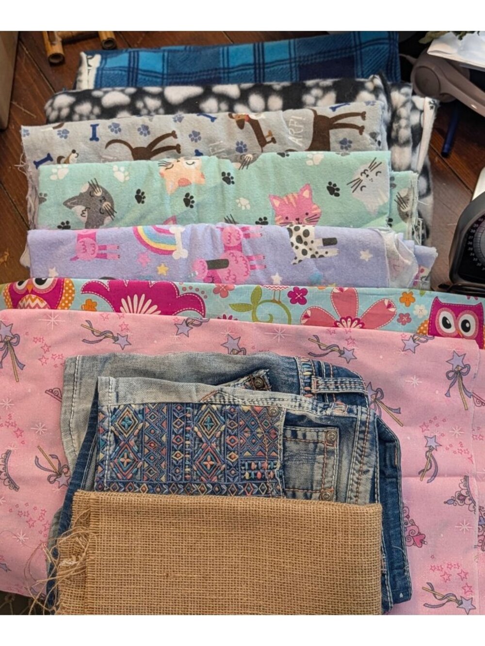 Assorted Fabric & Trim Lot: Cotton Denim Burlap Lace Ribbons & Ruffled Eyelet Va